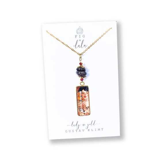 Lady in Gold Pendant Necklace Gustav Klimt Garnet Adele Face Cabochon Handmade - Picture 8 of 9